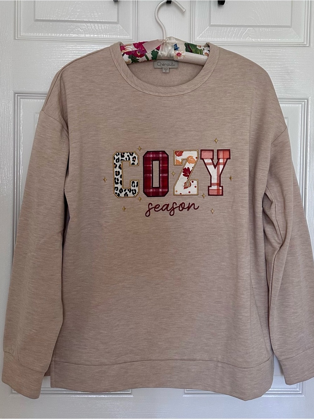 Chenault Beige 'Cozy Season' Applique Sweatshirt